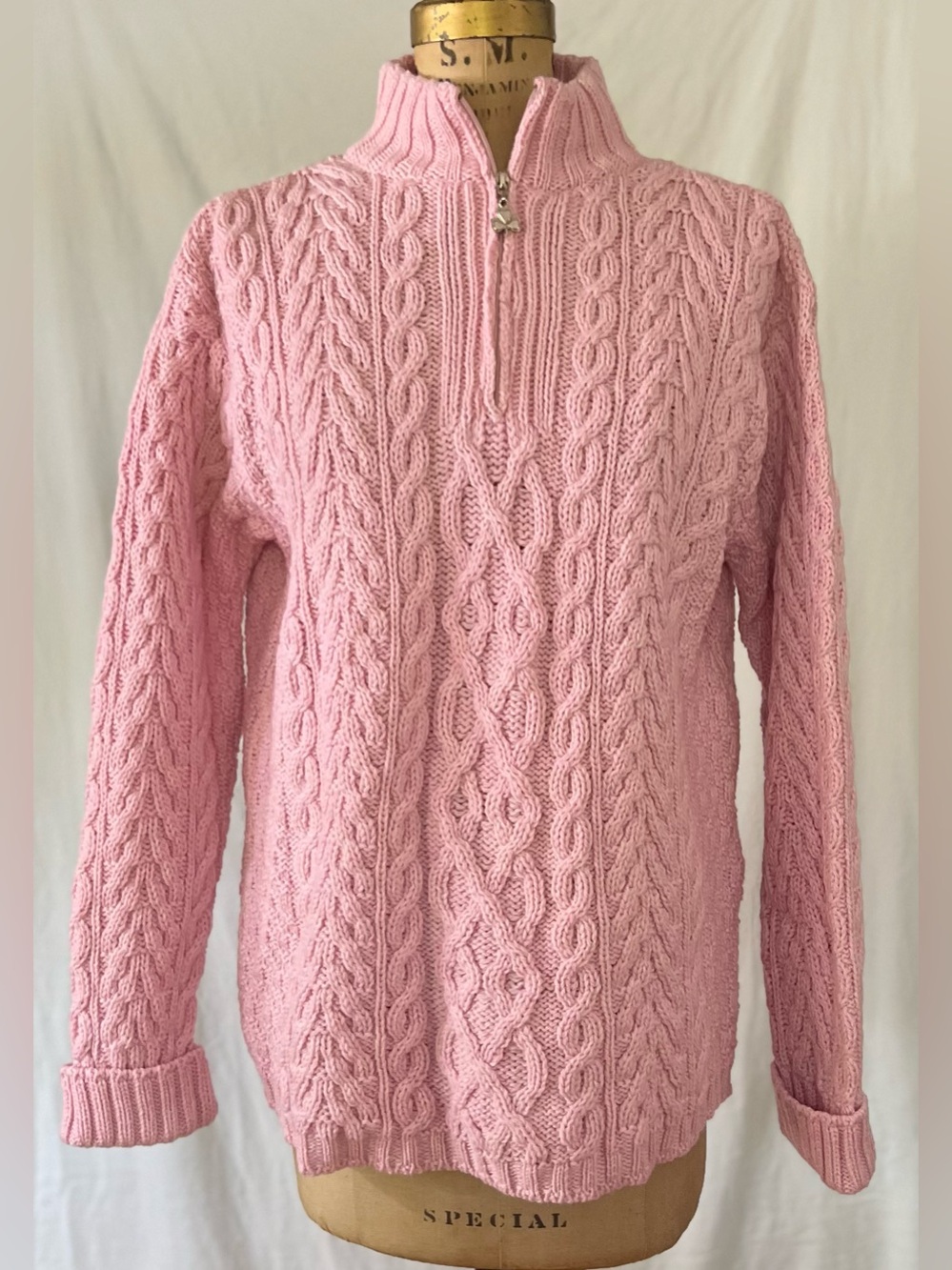 Aran Crafts Pink Merino Wool Quarter Zip Cable Knit Sweater M - Picture 1 of 10
